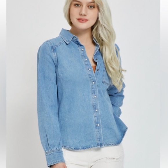 New Trending Perfect Cotton Denim Button Down Long Sleeve Top - Picture 3 of 7